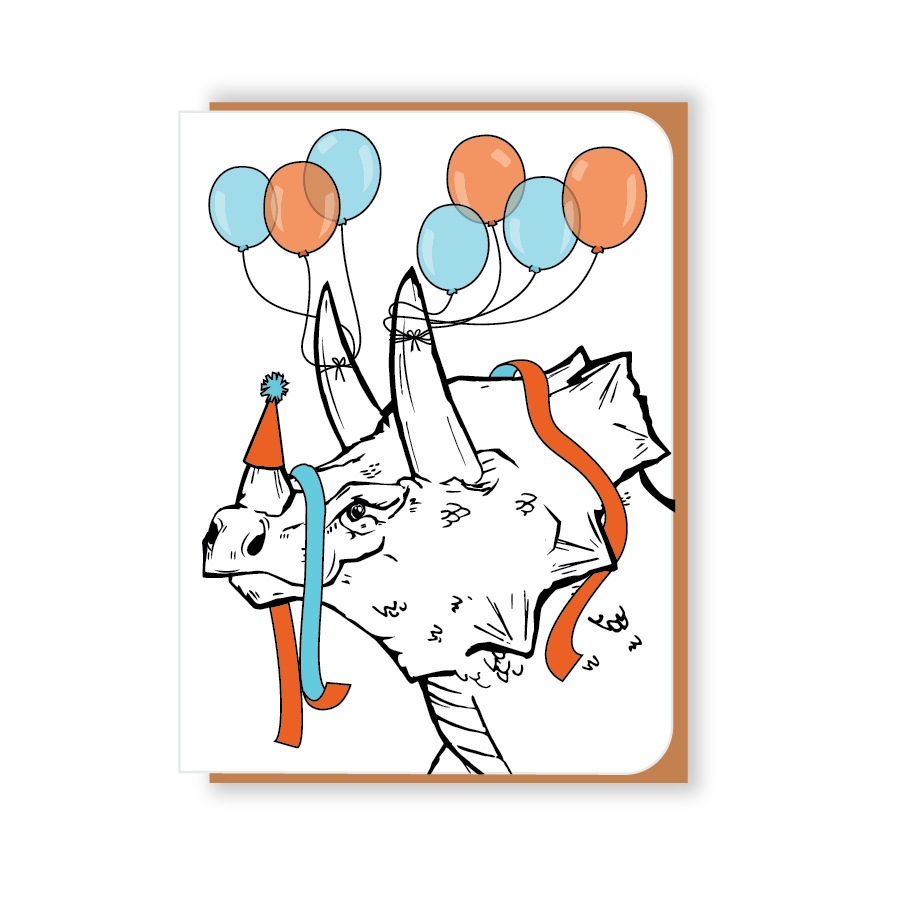 Two Hands Made- Party Triceratops with Balloons- single greeting card is blank inside, ready for your own special message. 