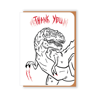 Two Hands Made- Thank You T-Rex scratches out his greetings on the front of the card.