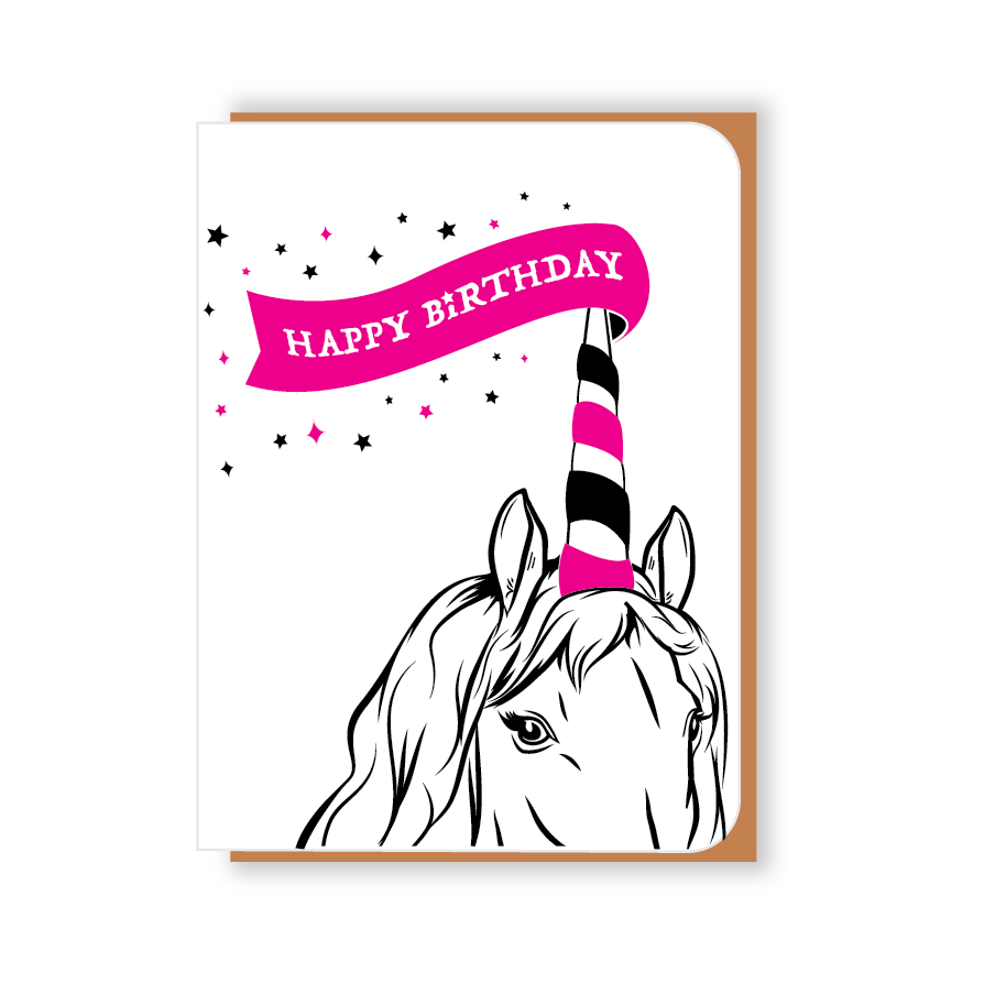 Unicorn with Pink Banner Birthday Card — Two Hands Paperie