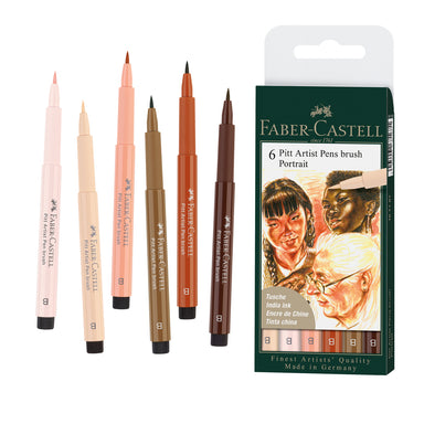 Contents Include 6 PITT pens in portrait colors:  #114 pale pink, #116 apricot, #132 beige red, #175 dark sepia, #180 raw umber, #188 sanguine