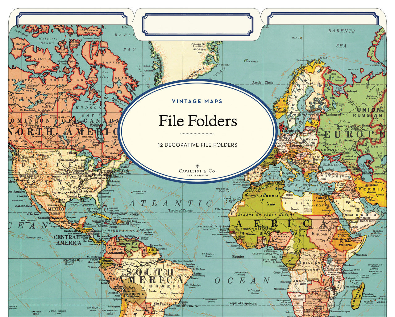 Cavallini & Co. world Map File folders- new style. Add some color and life to your filing tasks with Cavallini's 3-tab file folders!