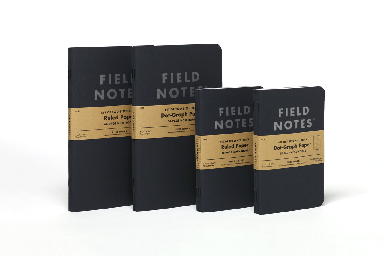 The Pitch Black collection features pocket sized notebooks and larger notebooks. 