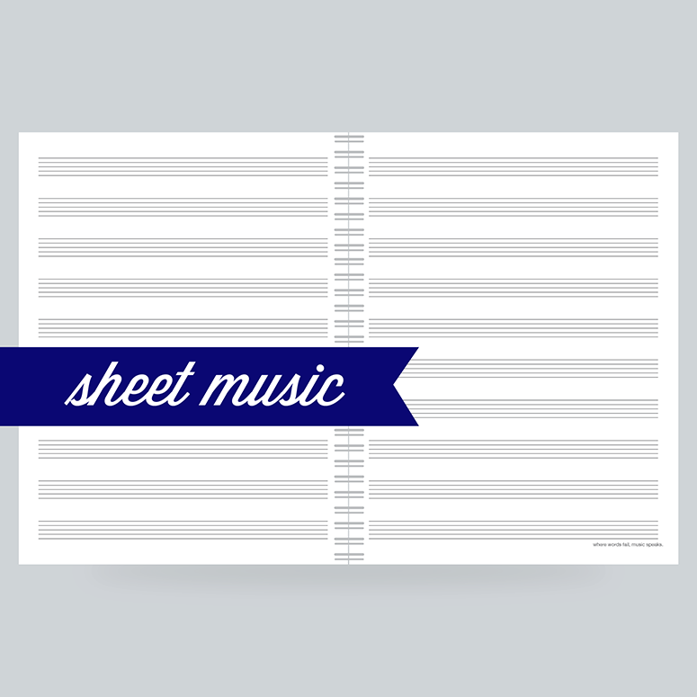 Sheet Music :  130 Pages- 10 staves per page on front and back - 100% Post Consumer Recycled - "Where words fail, music speaks"