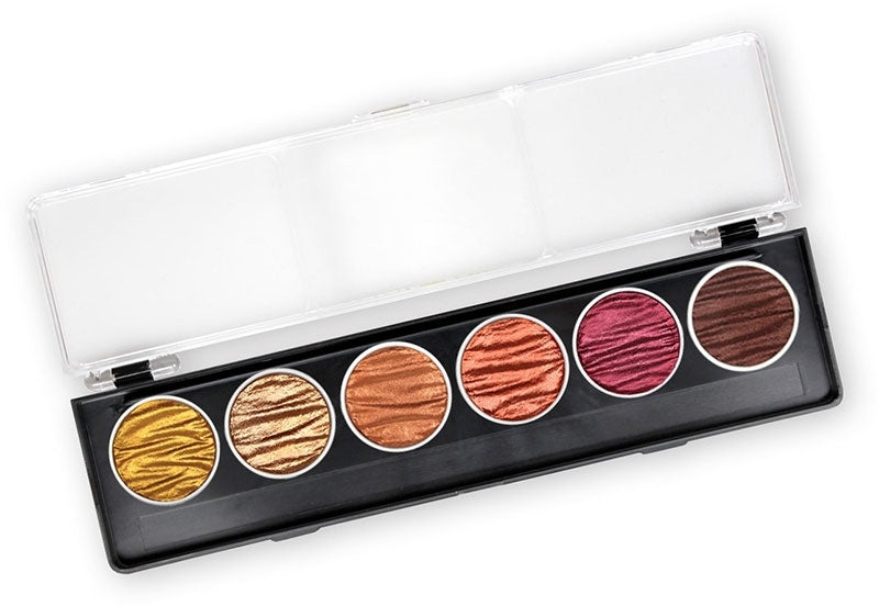 Earth set includes one pan each of Tibet Gold, Bronze, Golden Orange, Red Brown, Red, and Chocolate.