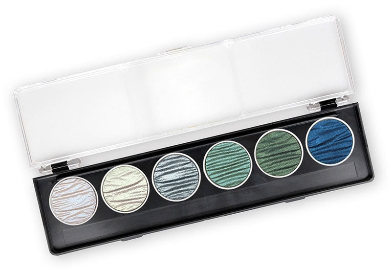 Ocean set includes one pan each of Blue Pearl (Shimmer), Green Pearl (Shimmer), Blue Silver, Blue Green (Shimmer), Moss Green, Midnight Blue.