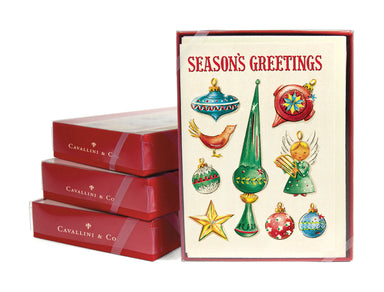 This box of ten cards and envelopes features vintage Christmas ornaments and the message  "Season's Greetings" displayed at the top of the card. 