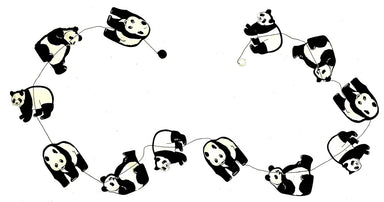 Handmade Lokta Paper Panda Garland in black and white. The garland features black printed pandas on a natural colored background. 