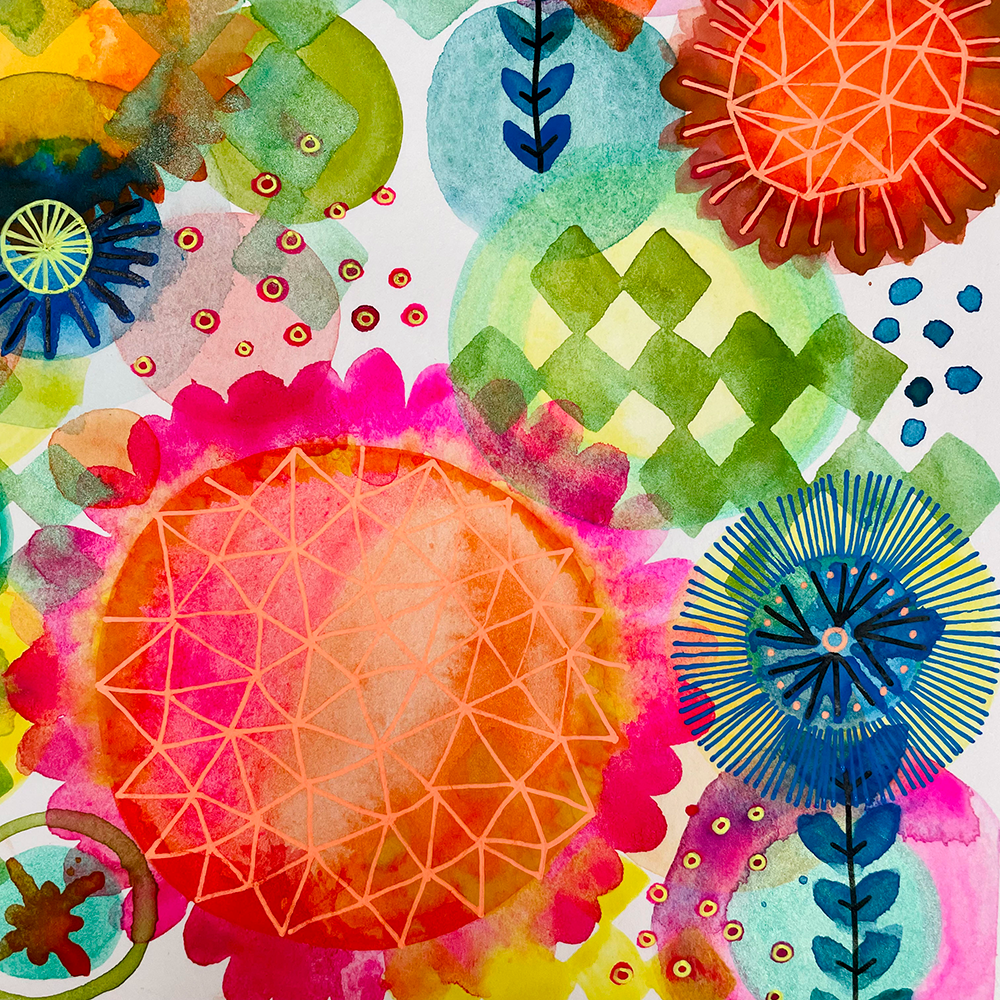 Watercolor – Exploring Colors and Shapes Online Class sample with colorful circles and patterns.