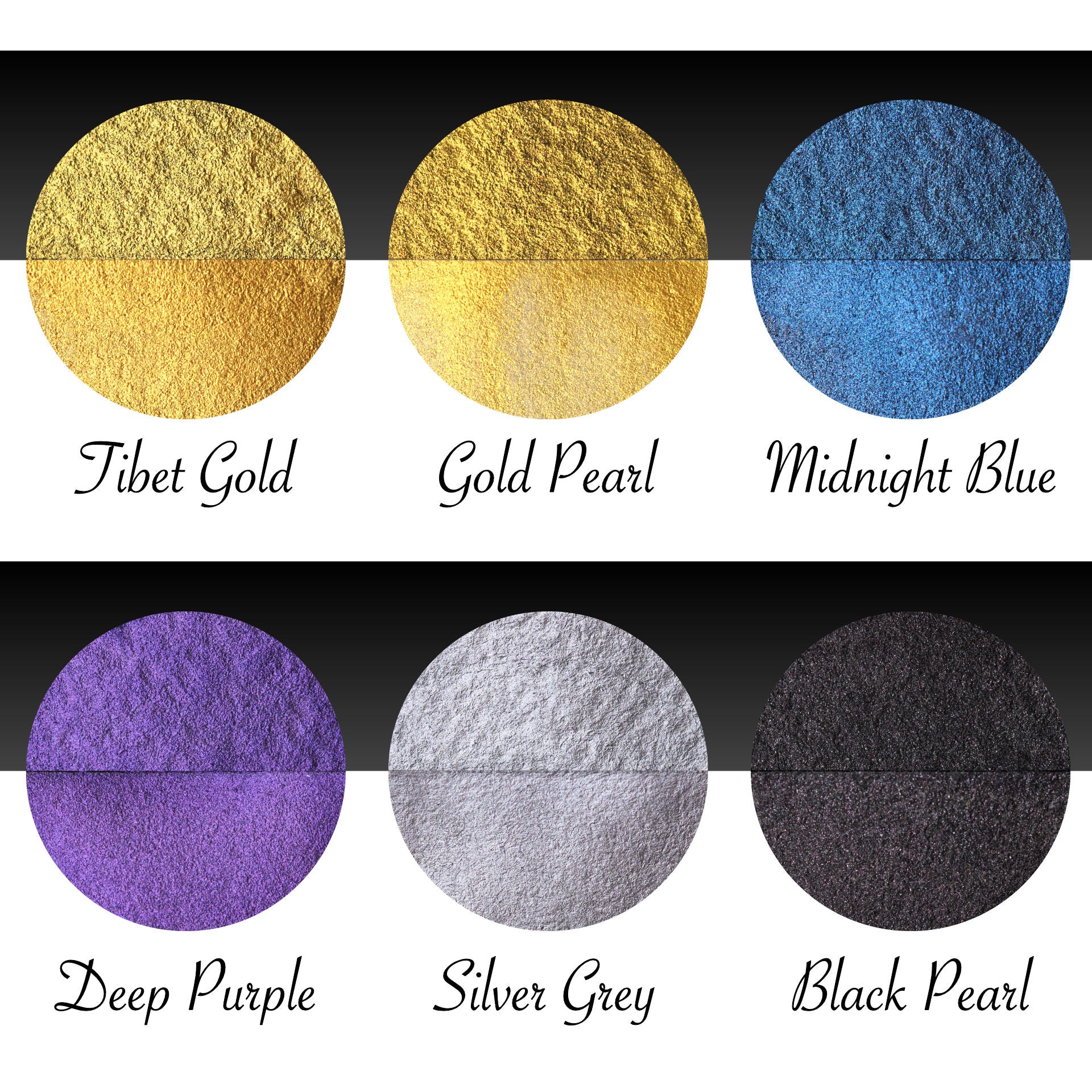 Pharao set includes one pan each of Tibet Gold, Gold Pearl, Midnight Blue, Deep Purple, Silver Grey and Black Pearl. 