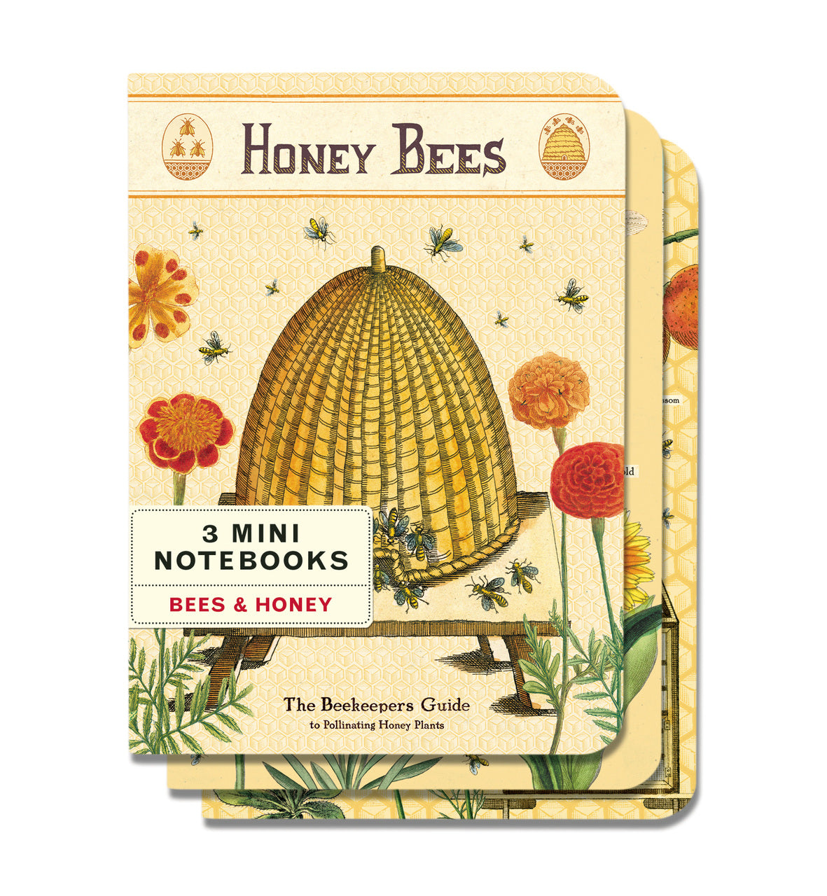 Bees & Honey Mini Notebook set comes with three high quality notebooks featuring bright and colorful reproductions of vintage images of bees, hives, flowers, and fruits.