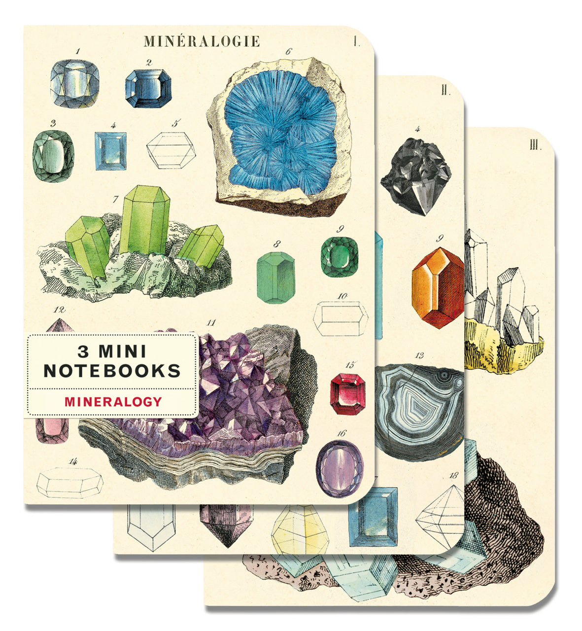 This mini notebook set of three high quality notebooks features bright and colorful reproductions of vintage scientific images to motivate anyone to get outdoors and be a rockhound!