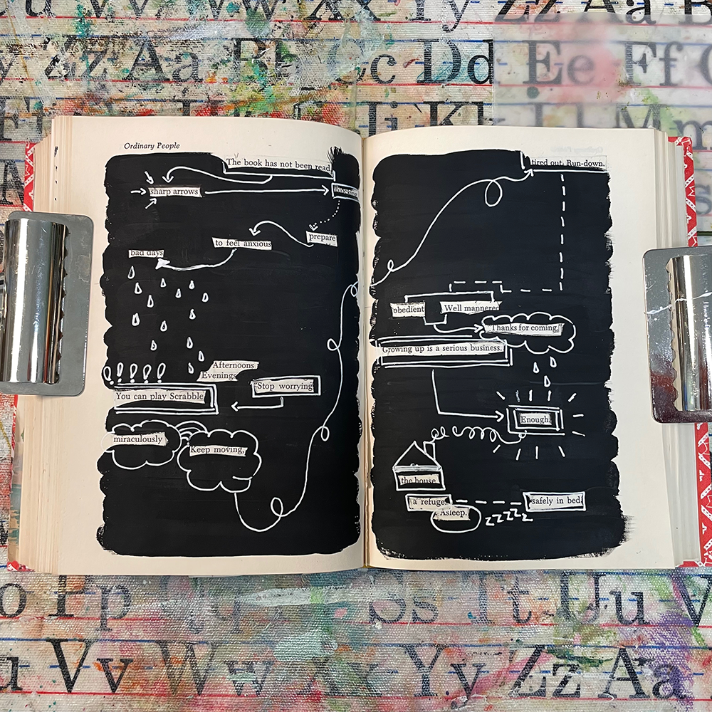 Altered Book - Art of the Word class sample of black gesso highlighting words on the page with white gel pen doodles