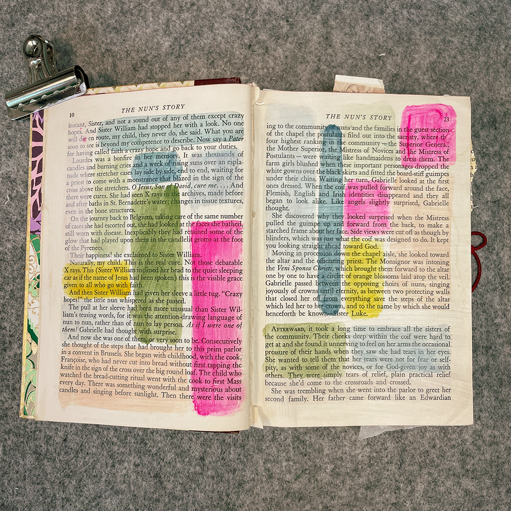 Altered Book - Art of the Word class sample of colorful water colr stripes on pages