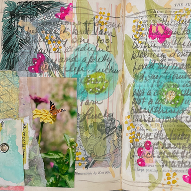 Altered Book - Art of the Word Class sample page with collage, cursive journaling, and images