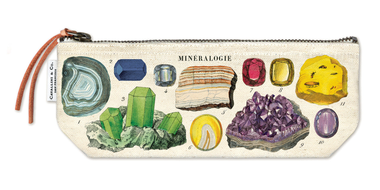 Cavallini & Co. Mineralogy Mini Pouches feature a colorful collection of precious gems and minerals.