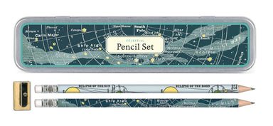 Cavallini & Co. Celestial Pencil Set comes packaged in a reusable tin. Set of ten pencils, 5 each of two designs; comes with a sharpener. 