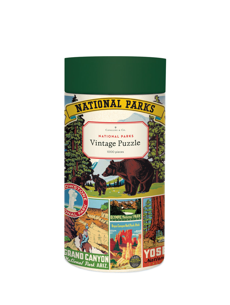 Cavallini & Co. National Parks 1000 piece puzzle features their National Parks Decorative wrap, a collage of vintage National Parks logos and designs.