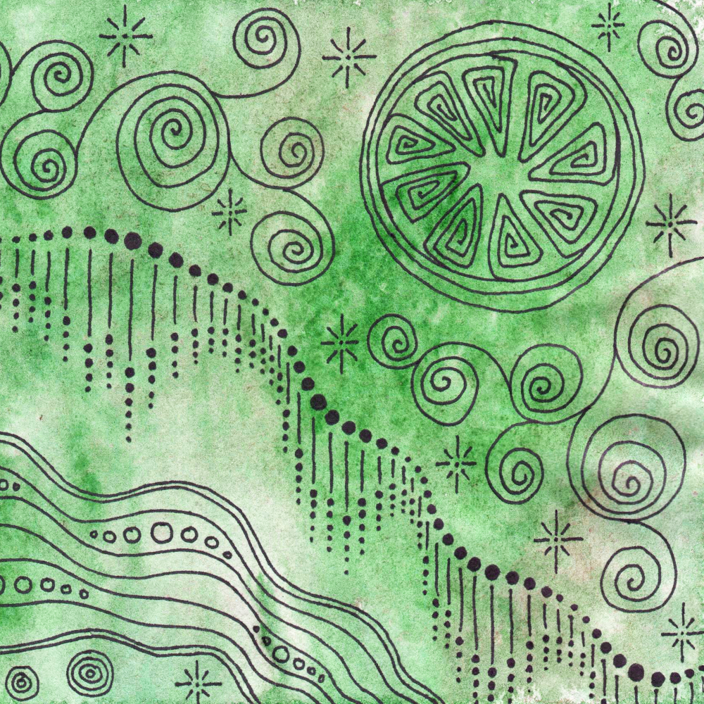 Marks – Building a Vocabulary Online Class sample with black ink patterns over green watercolor  