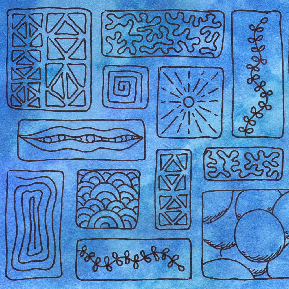 Marks – Building a Vocabulary Online Class sample with black ink patterns over blue watercolor  