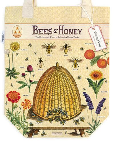 Bees & Honey Vintage Tote Bag features bright and beautiful images of a French bee hive, varieties of bees, and some of their favorite flowers and plants.