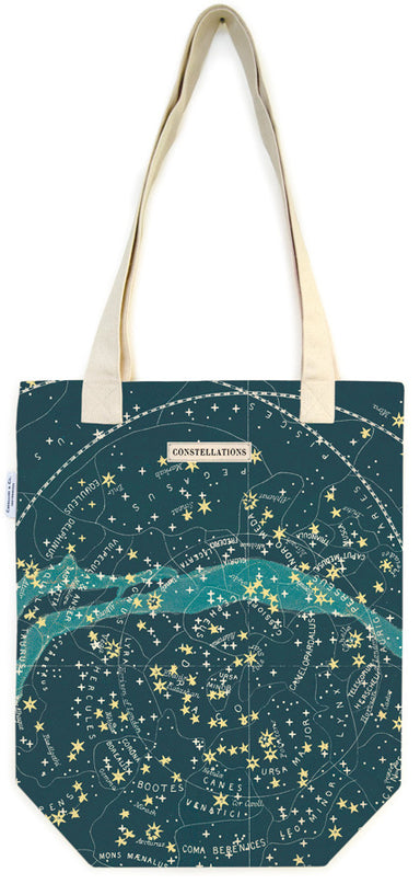 Celestial Tote Bag features a universe of stars and constellations on a dark blue background. 