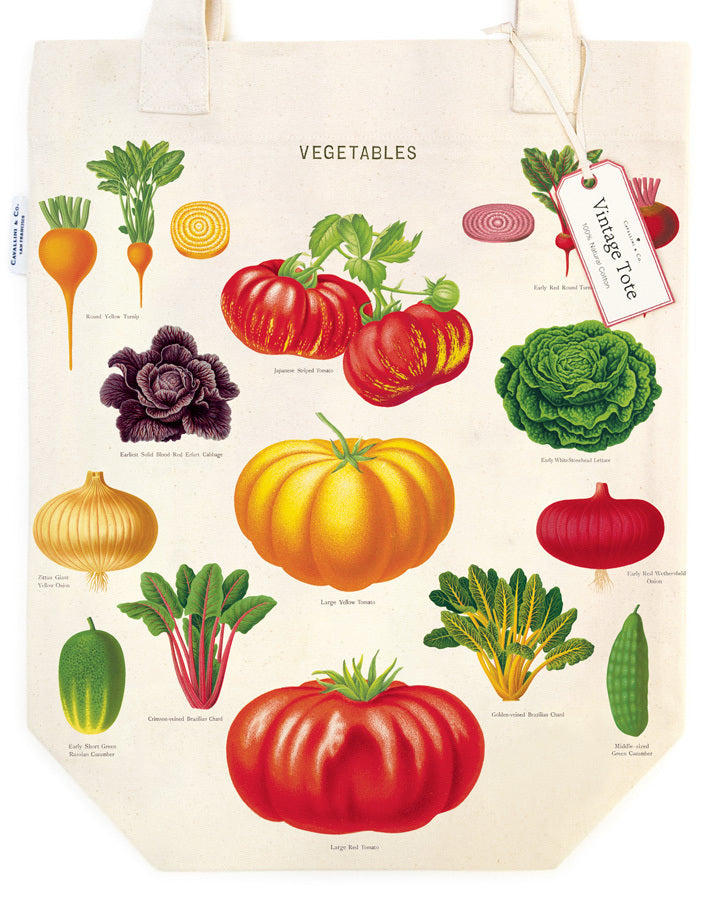 Vegetable Garden Tote Bag features colorful and detailed vintage images of root vegetables, tomatoes, beans, chard and more.  