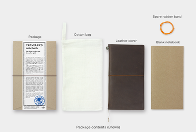 All of the Regular Size Brown Midori Traveler's Notebook comes packaged in a cotton bag with a blank refill and a replacement band.