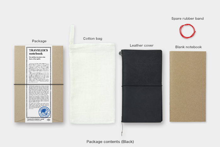 The TRAVELER'S notebook Starter kit comes packaged in a cotton bag. It comes with an extra rubber band and blank notebook. 