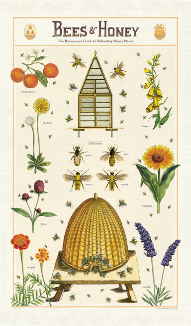 Bees & Honey tea towel is a collage of hives, bees, and and assortment of favorite flowers ready for pollinating.
