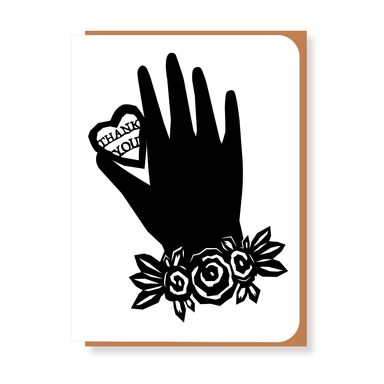 Two Hands Made black silhouette hand thank you card with kraft envelope- front side