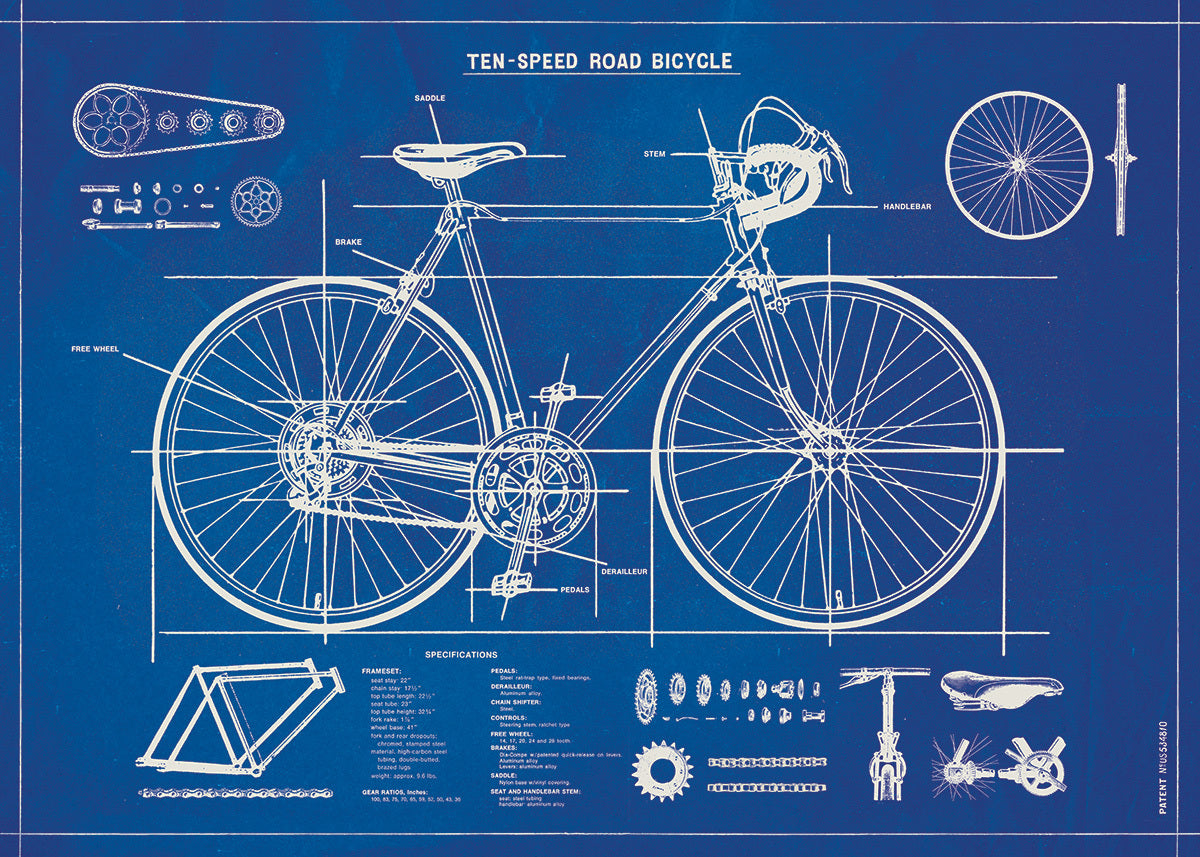 A poster-style print, this Cavallini wrap measures 20 by 28 inches. This wrap is a reproduction of a vintage bicycle blueprint, complete with labels and dimensions.
