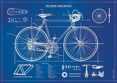 A poster-style print, this Cavallini wrap measures 20 by 28 inches. This wrap is a reproduction of a vintage bicycle blueprint, complete with labels and dimensions.