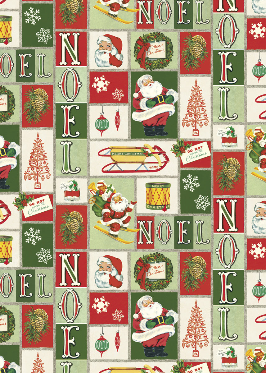 Noel Decorative Wrap by Cavallini & Co. features a collage of vintage images including Santa, sleds, snowflakes, wreaths, and Christmas trees. 