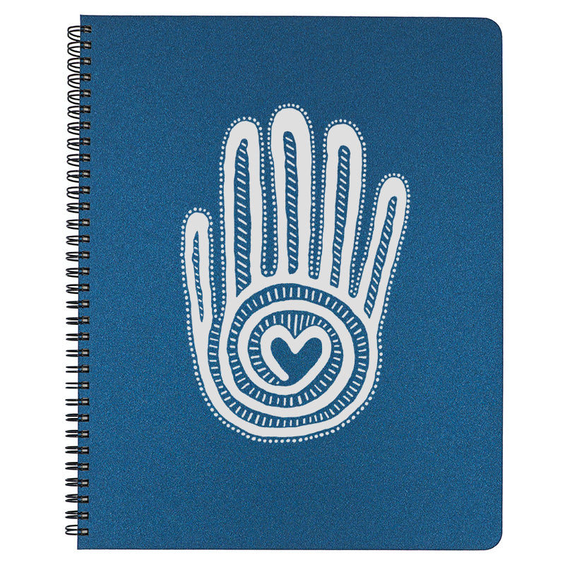 Large Mano y Corazon Spiral Bound Notebook in indigo blue. 