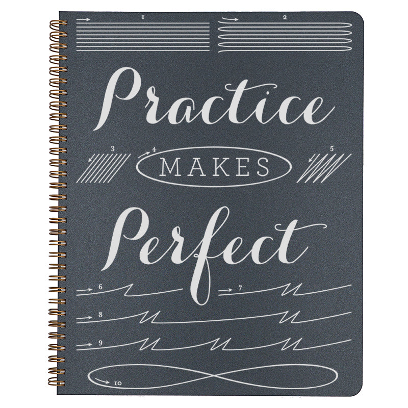Large Practice Makes Perfect Spiral Bound Notebook in black. 