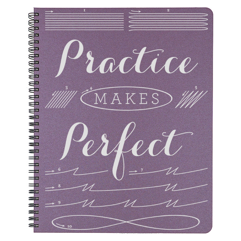 Large Practice Makes Perfect Spiral Bound Notebook in plum.
