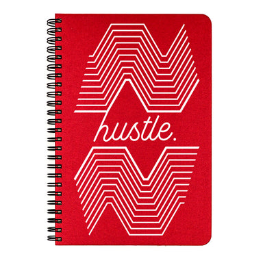 Make My Notebook small Hustle is printed in white ink on a glamorous metallic gold cover, an indigo blue cover, or a ruby red cover. 