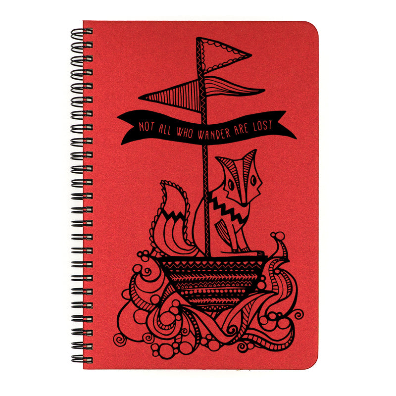 Make My Notebook Not All Who Wander Spiral Bound Notebook- featuring an adorable fox out at sea, this notebook is printed with black ink on the color of your choice.