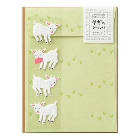 Midori Goat Letter Set with Stickers- 4 sheets of paper measuring approximately 4 by 5 1/2 inches, along with four envelopes and goat stickers .
