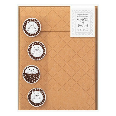 Midori Hedgehog Letter Set with Stickers- 4 sheets of paper measuring approximately 4 by 5 1/2 inches, along with four envelopes and hedgehog  stickers .