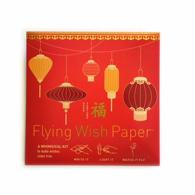The Flying Wish Paper- Good Fortune features 15 sheets of red wish paper, a pencil and decorative platforms for burning your paper. 