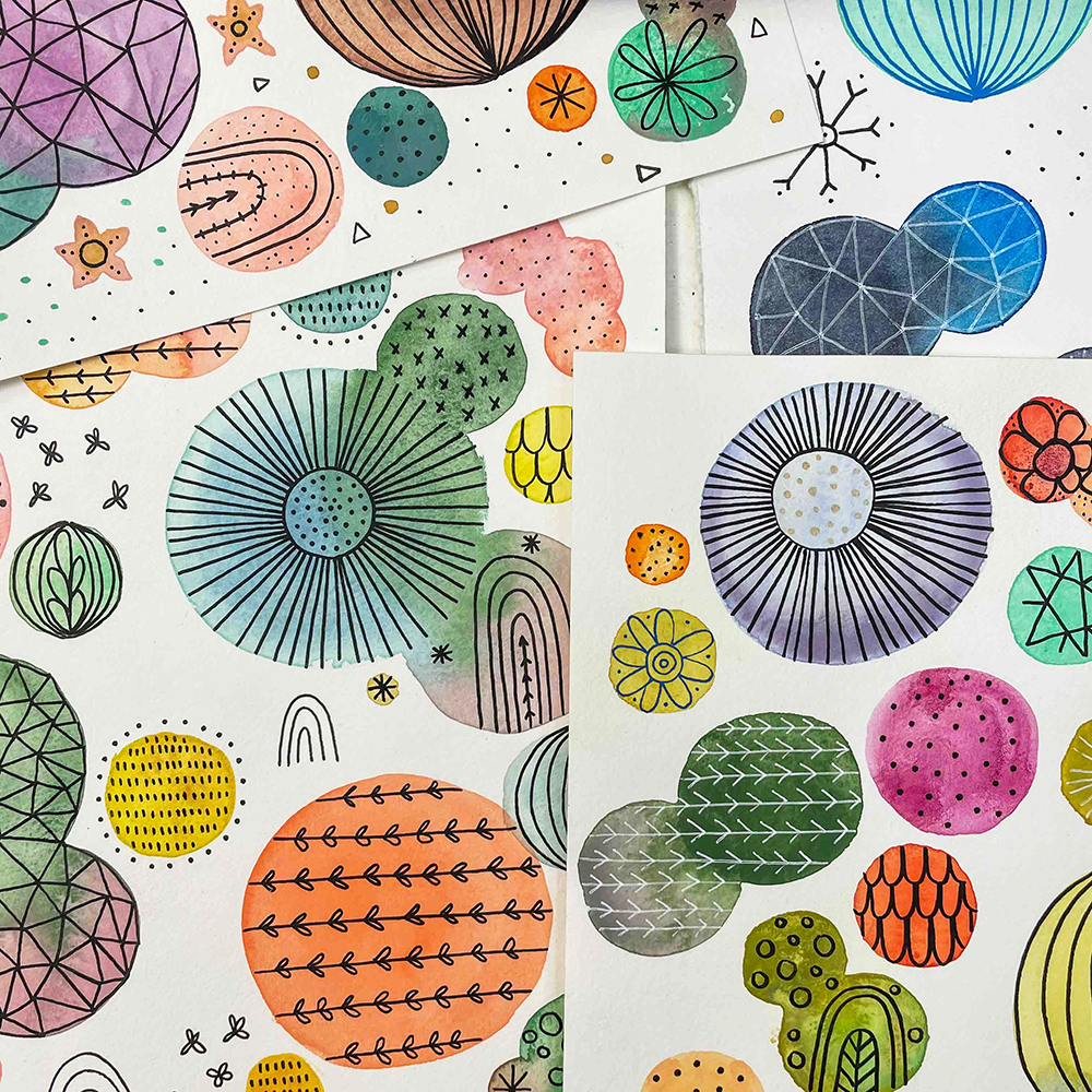 The Joy of Watercolor Doodling Class samples using circles showing details