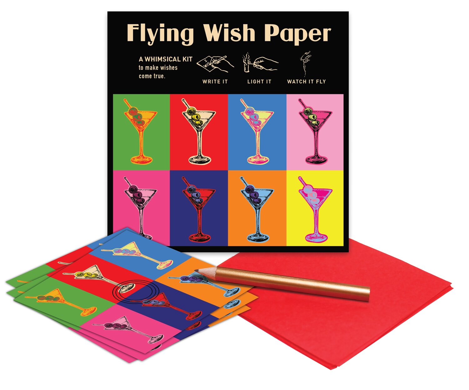 Use the Flying Wish Paper to write your wish, roll the paper, light, and watch your wish flutter away!