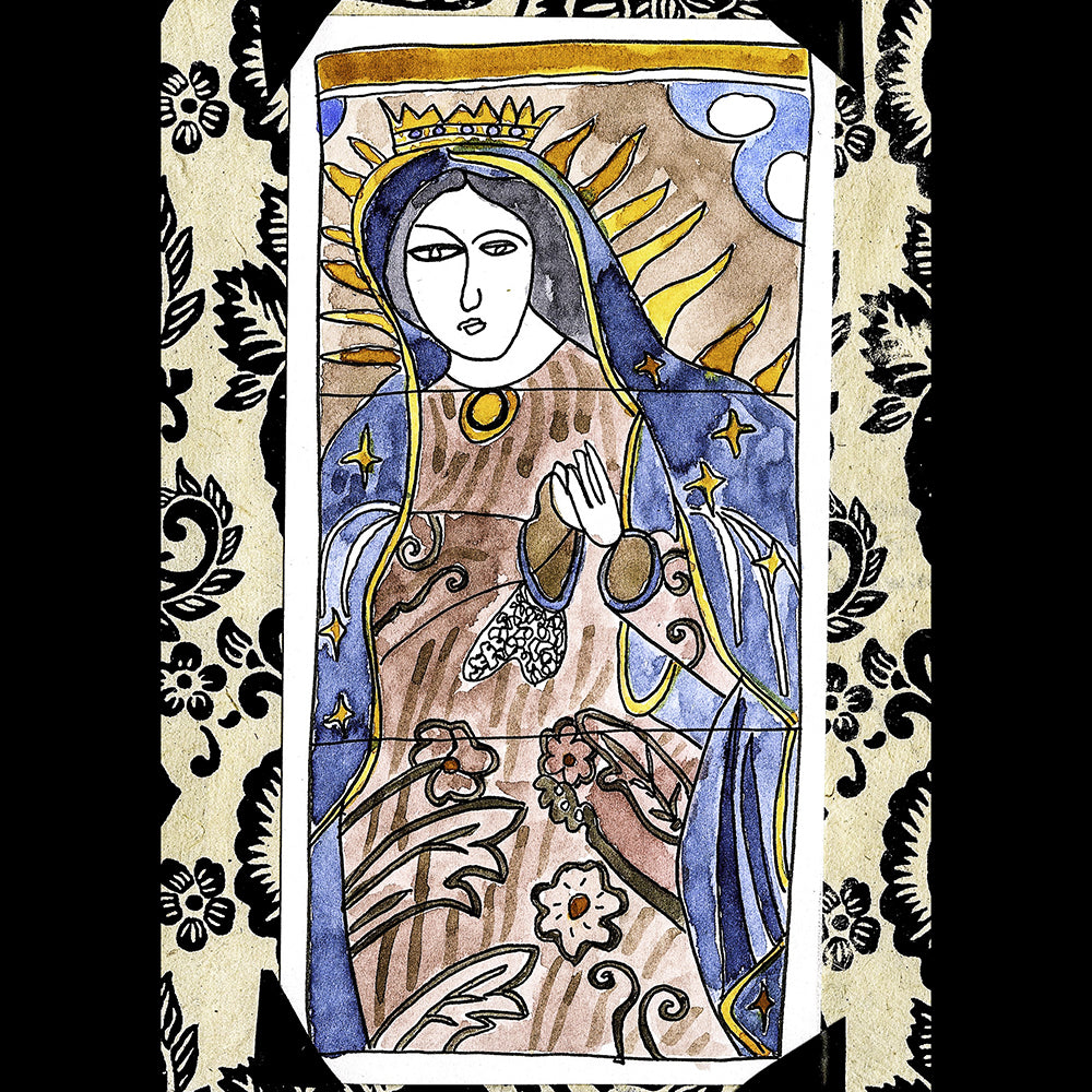 Travel Journaling, A-Z Class page detail with collage and watercolor drawing of Virgin de Guadalupe