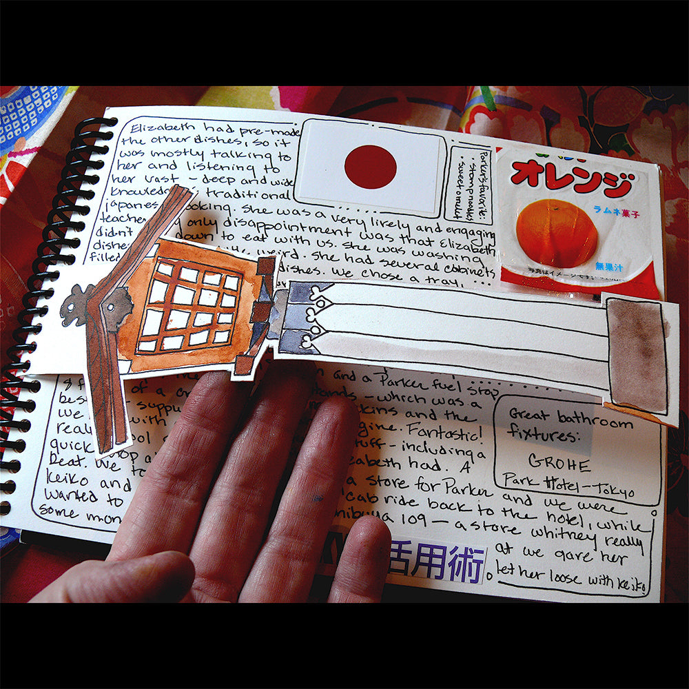 Travel Journaling, A-Z Class page detail with writing and hand drawn pop-up image of lantern