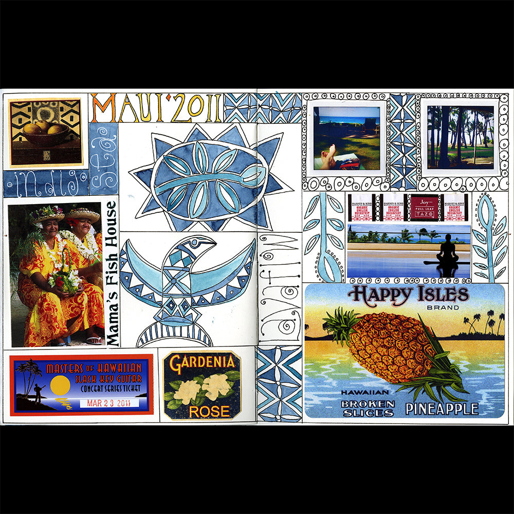 Travel Journaling, A-Z Class page detail with watercolor drawing,s writing, photos, and collage