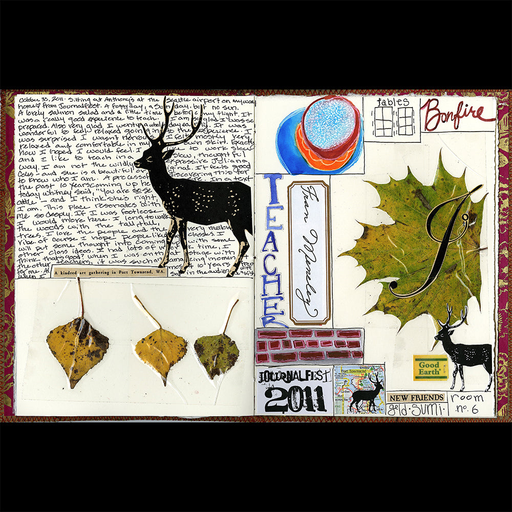Travel Journaling, A-Z Class page detail with watercolor drawing, writing, leaves, and collage