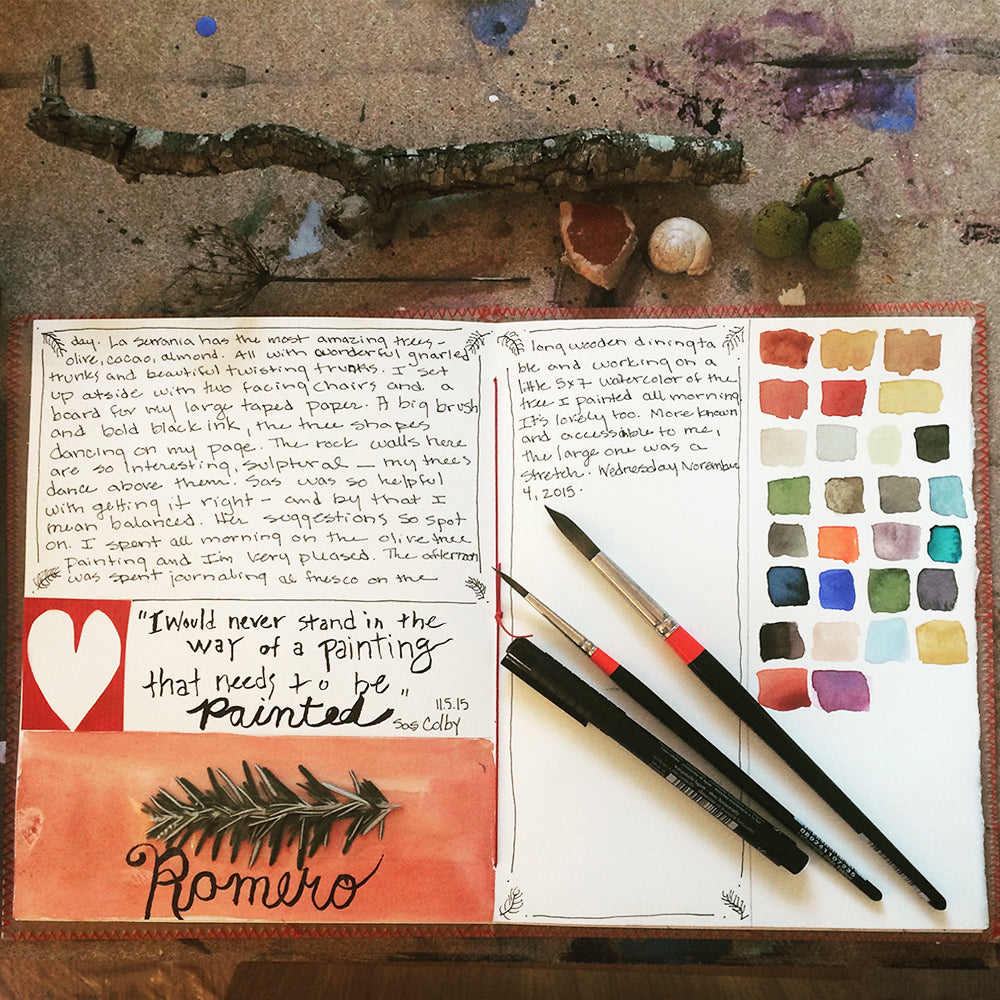 Travel Journaling, A-Z Class page detail with writing, watercolor swatches, and art materials