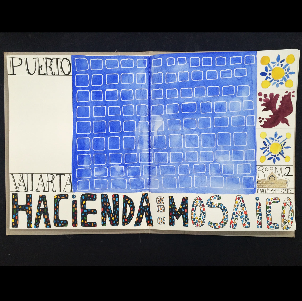 Travel Journaling, A-Z Class page detail with blue stamped geometric pattern, writing, and drawings of flowers and bird