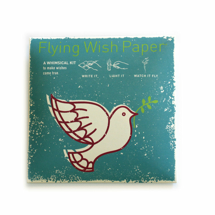 The Flying Wish Paper- Peace Dove kit  features 15 sheets of pink wish paper, a pencil and 5 decorative platforms for burning your paper. 
